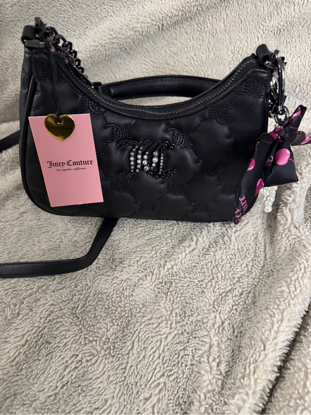 Juicy Couture Black Quilted Crossbody with Pink Accent Scarf